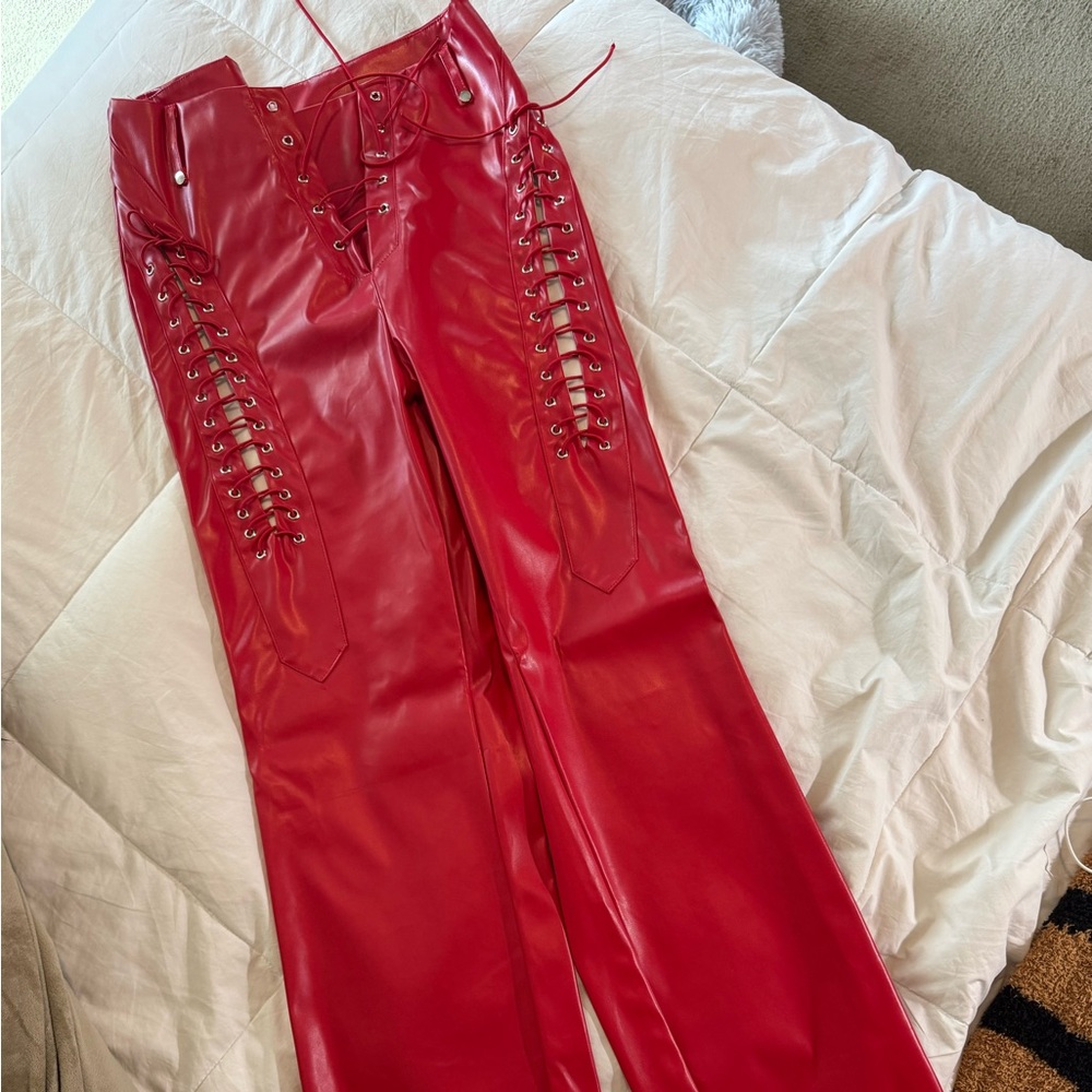 Red Straight Leg Lace-Up Pants